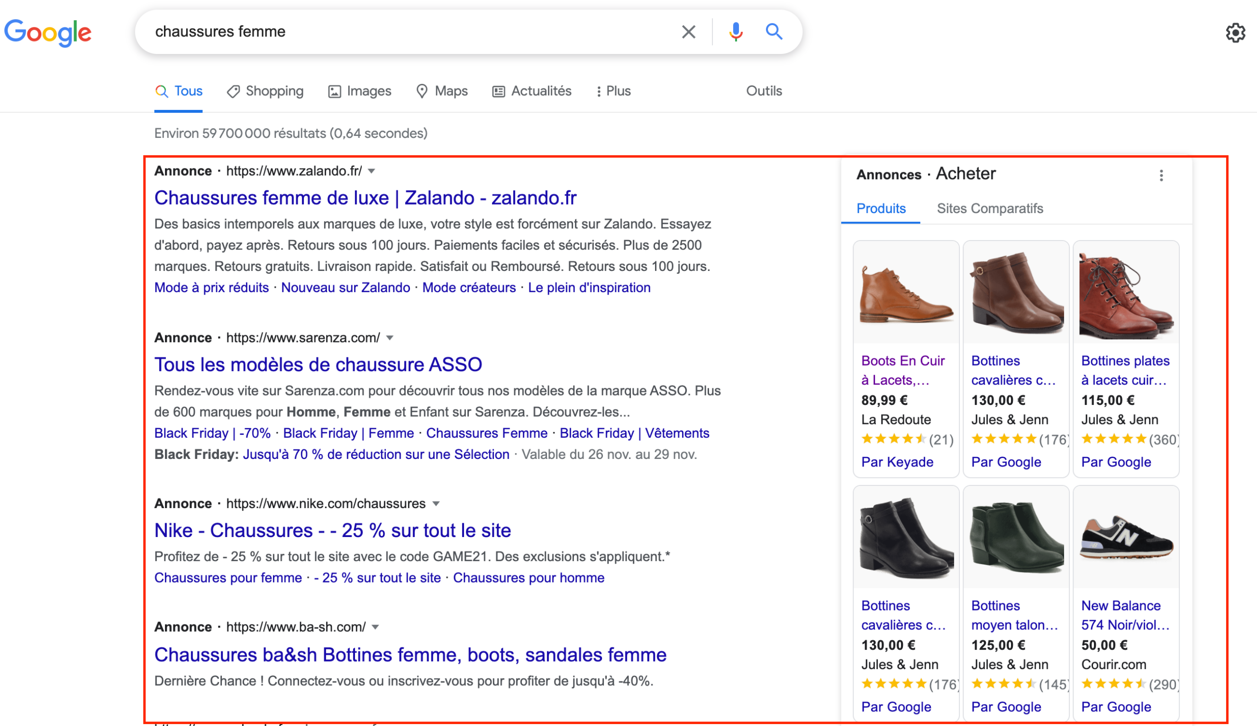 exemple de résultats de recherche sur le réseau de recherche google ads